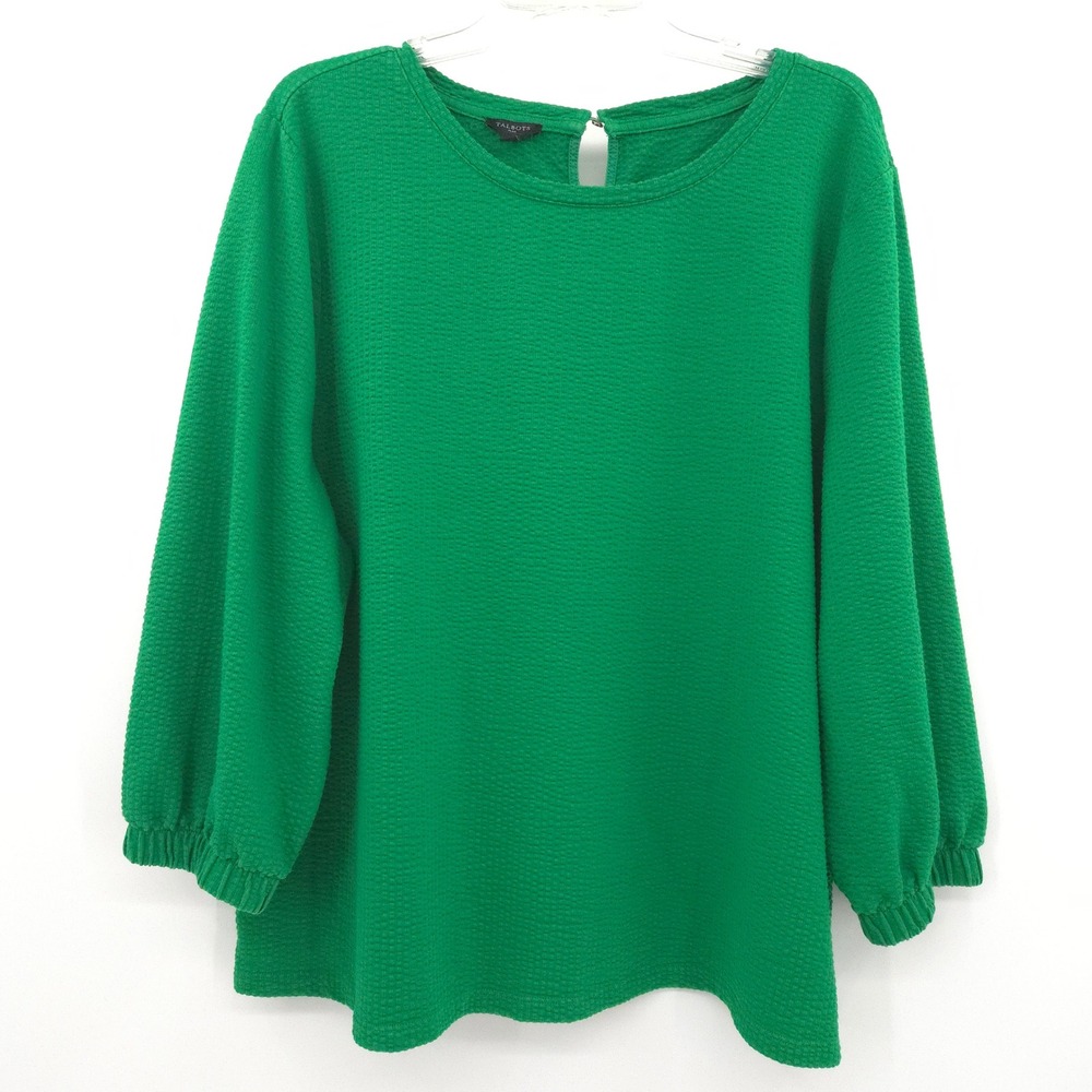 Talbots Textured Knit Top Women 2X Green Long Sleeve Keyhole Back Blouse